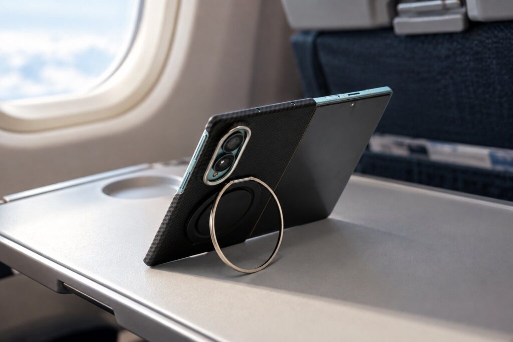飛行機のテーブルでPopSockets Low-Pro Grip & Standを使いGalaxy Z Fold8を立てたイメージ画像